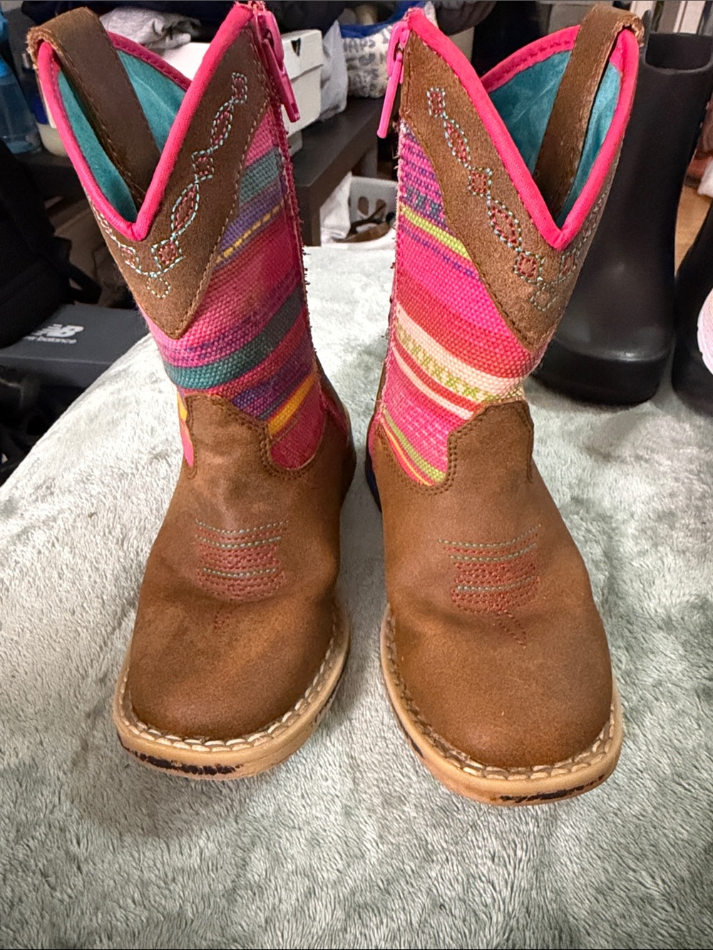 Twister Brown Suede Kids Western Boots with Pink Multi-Stripe Shaft